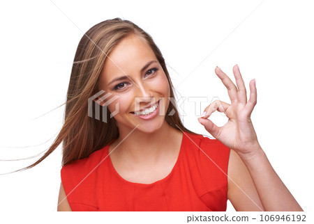 Success, ok and portrait of woman with hand emoji for happiness in approval, yes and opinion. Young and beautiful model confident in agreement with happy smile at isolated white background. 106946192