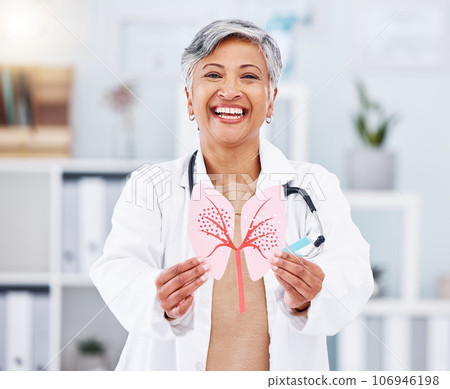 Doctor, senior woman and lungs picture, healthcare and portrait with happy surgeon and cardiovascular care. Respiratory clinic, cardiology and health with medicine, breathing and cutout at hospital Doctor, senior woman and lungs picture, healthcare and portrait with happy surgeon and cardiovascular care. Respiratory clinic, cardiology and health with medicine, breathing and cutout at hospital 106946198