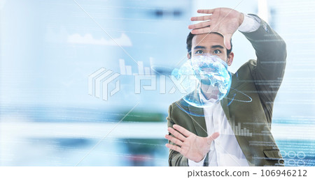 World, hologram and overlay with a business man using a ux interface for global data analysis. Metaverse, ai or 3d with a male employee searching a virtual reality database for information technology World, hologram and overlay with a business man using a ux interface for global data analysis. Metaverse, ai or 3d with a male employee searching a virtual reality database for information technology 106946212