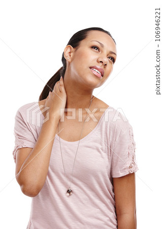 Stress, uncomfortable and model in studio with neck pain, injury or accident for medical emergency. Painful, hurt and girl from Mexico with muscle sprain, sore or tension isolated by white background 106946221