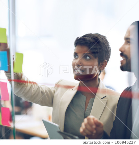 So you just pick and task and then its yours.... Cropped shot of two colleagues working at the idea board. 106946227