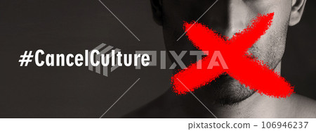 Protest, man and cancel culture sign on mouth with censorship for bullying, violence and social media with mockup space. Silence, person and letter on lips with support for solidarity in studio 106946237