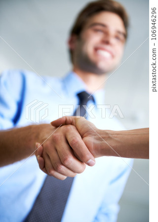 Closeup, handshake and deal of business people, teamwork and thank you in agreement of partnership. Hiring, networking and shaking hands in collaboration, welcome and support of promotion opportunity 106946296