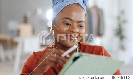 Black woman, tablet and smile for schedule, planning or digital notes for marketing, research or advertising at office. Happy African American female working on touchscreen or mobile app for strategy Black woman, tablet and smile for schedule, planning or digital notes for marketing, research or advertising at office. Happy African American female working on touchscreen or mobile app for strategy 106946310