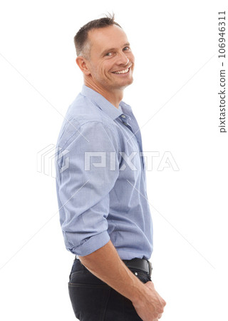 Portrait, business man and smile in studio isolated on a white background with vision, mission and success mindset. Boss, entrepreneur and happy, confident and proud mature male ceo from Canada. Portrait, business man and smile in studio isolated on a white background with vision, mission and success mindset. Boss, entrepreneur and happy, confident and proud mature male ceo from Canada. 106946311
