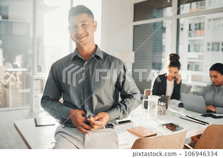 Portrait, happy and businessman in office smile, excited and empowered, ambition and positive mindset. Face, vision and male leader at startup company for management, mission and team productivity Portrait, happy and businessman in office smile, excited and empowered, ambition and positive mindset. Face, vision and male leader at startup company for management, mission and team productivity 106946334
