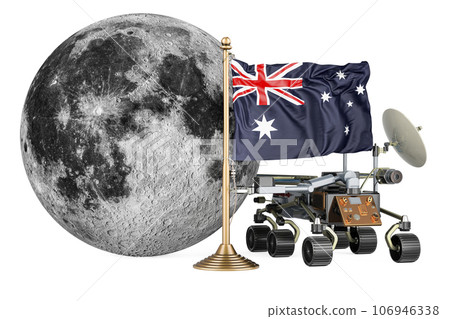 Australian Lunar Exploration Program. Planetary rover with Moon and Australian flag. 3D rendering Australian Lunar Exploration Program. Planetary rover with Moon and Australian flag. 3D rendering 106946338