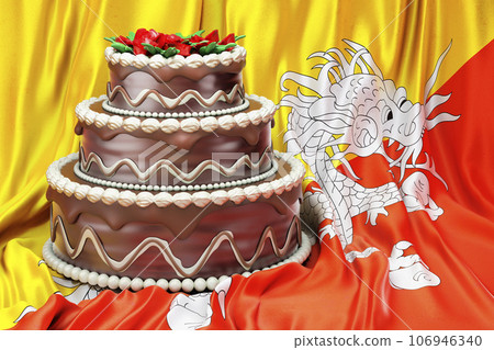 Chocolate cake on the Bhutanese flag background, 3D rendering Chocolate cake on the Bhutanese flag background, 3D rendering 106946340