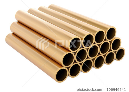 Copper pipes, brass tubes or bronze pipes, 3D rendering Copper pipes, brass tubes or bronze pipes, 3D rendering 106946341
