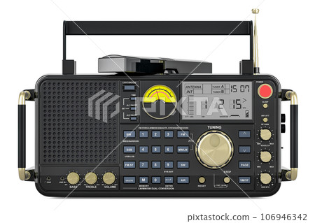Desktop Receiver. Portable desktop double-conversion receiver with FM Stereo, Long Wave, Medium Wave, Short Wave, VHF Air-band. 3D rendering Desktop Receiver. Portable desktop double-conversion receiver with FM Stereo, Long Wave, Medium Wave, Short Wave, VHF Air-band. 3D rendering 106946342
