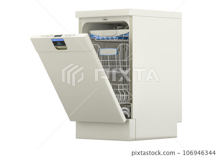 Dishwasher Machine with LED Display. Opened empty dishwasher, 3D rendering Dishwasher Machine with LED Display. Opened empty dishwasher, 3D rendering 106946344