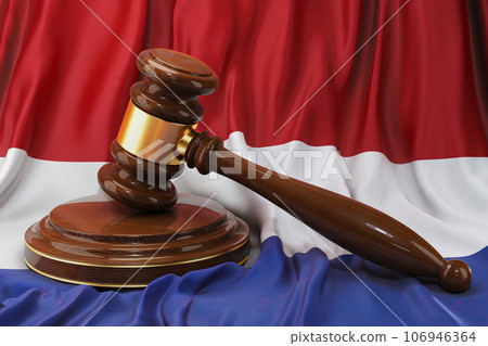 The Netherlands law and justice concept. Wooden gavel on flag of the Netherlands, 3D rendering 106946364