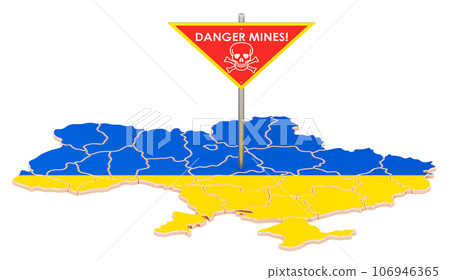 Ukrainian map with danger mines sign, 3D rendering Ukrainian map with danger mines sign, 3D rendering 106946365