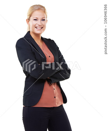 Leadership, arms crossed and portrait of business woman in studio isolated on a white background mock up. Ceo, boss and face of happy female entrepreneur with vision, mission and success mindset. 106946366