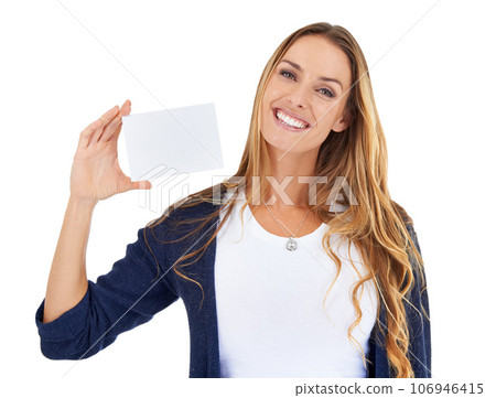 Woman, portrait and business card mockup isolated on a white background, contact information or career advertising. Presentation, paper mock up and happy entrepreneur or person with sign in studio 106946415