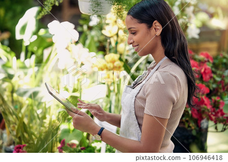 Woman, tablet and plants in nursery, check and quality inspection for growth, development and health. Young business owner, entrepreneur and inventory for flowers, sustainability and gardening store Woman, tablet and plants in nursery, check and quality inspection for growth, development and health. Young business owner, entrepreneur and inventory for flowers, sustainability and gardening store 106946418