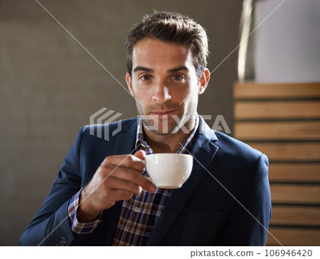 Business man at cafe, coffee and portrait, serious person relax on lunch break and social time. Hospitality industry, professional male customer at restaurant with confidence and cup with espresso Business man at cafe, coffee and portrait, serious person relax on lunch break and social time. Hospitality industry, professional male customer at restaurant with confidence and cup with espresso 106946420