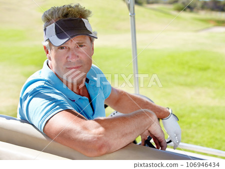 Man, portrait and driving outdoor in golf cart to relax and enjoy free time or journey. Senior male person or golfer with buggy to play a sports game on vacation or holiday in nature and retirement Man, portrait and driving outdoor in golf cart to relax and enjoy free time or journey. Senior male person or golfer with buggy to play a sports game on vacation or holiday in nature and retirement 106946434
