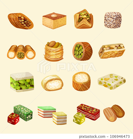 Oriental sweets. Baklava and rahat lakoum traditional arabic products recent vector pictures set 106946473