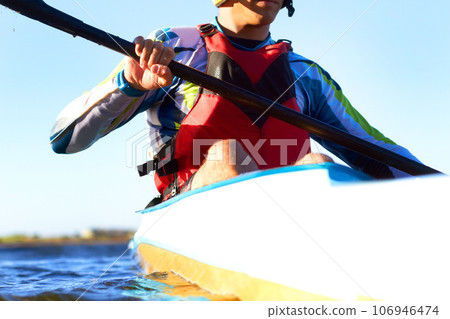 Fitness, kayak and a man rowing in the water of a river alone outdoor in nature during summer adventure. Sports, exercise and training with a male athlete in a canoe to row using paddles outside Fitness, kayak and a man rowing in the water of a river alone outdoor in nature during summer adventure. Sports, exercise and training with a male athlete in a canoe to row using paddles outside 106946474