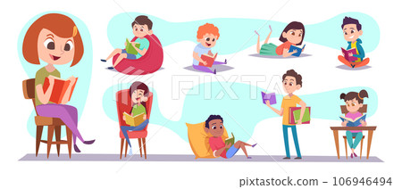 Kids with book. Education processes in library kids holding and reading books exact vector illustration set Kids with book. Education processes in library kids holding and reading books exact vector illustration set 106946494