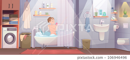 Bathroom interior. Modern decorated toilet room with different sanitary hygiene tools exact vector cartoon background 106946496