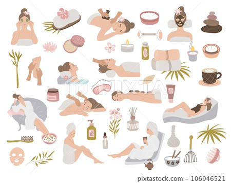 Wellness spa. Relax beauty salon recent vector cartoon illustration set 106946521