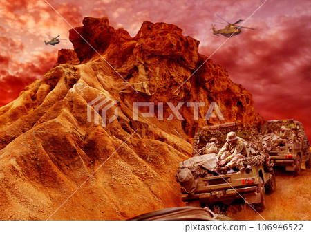 War, desert and army, apocalypse and military transport with helicopter, explosion and destruction with conflict. Survival, mission and people fight on battlefield, action and post apocalyptic War, desert and army, apocalypse and military transport with helicopter, explosion and destruction with conflict. Survival, mission and people fight on battlefield, action and post apocalyptic 106946522