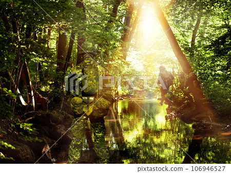 Army, military camouflage and person in forest at war with soldiers and disguise in nature with trees. Woods, warrior and mission in battlefield with survival, target and journey in amazon rainforest 106946527