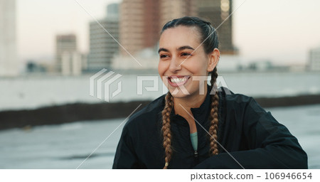 Fitness, smile and woman athlete in the city for a health, wellness and cardio workout or exercise. Happy, sports and young female person on a rest or break after training on rooftop in urban town. Fitness, smile and woman athlete in the city for a health, wellness and cardio workout or exercise. Happy, sports and young female person on a rest or break after training on rooftop in urban town. 106946654