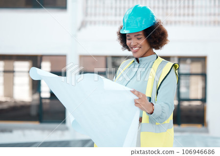 Smile, engineer and woman with blueprint in city for construction, building design or development. Happy, architect and African developer with document, illustration or reading paperwork for planning Smile, engineer and woman with blueprint in city for construction, building design or development. Happy, architect and African developer with document, illustration or reading paperwork for planning 106946686