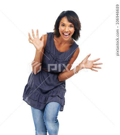 Portrait, wow and black woman in studio for winner, announcement and good news on white background. Surprise, fun and girl model with omg news, excited and shocked while standing isolated with mockup 106946689