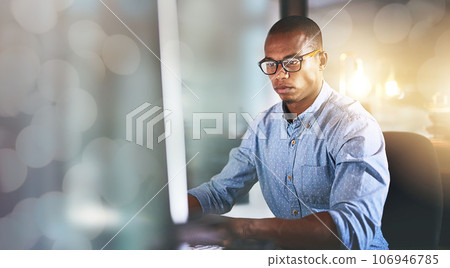 Banner, computer and businessman in office with typing, mockup and business communication on email. Networking, research and black man checking website, article online and bokeh space in workplace. 106946785