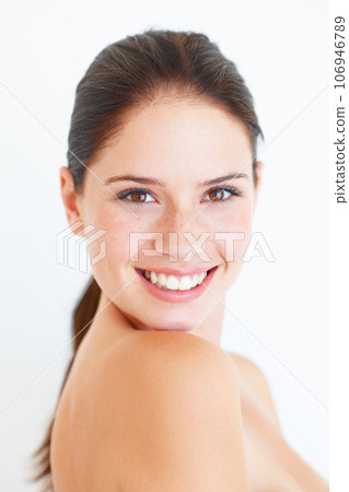 Woman, face and beauty in studio with natural skincare, grooming and clean cosmetics isolated on white background. Portrait, skin wellness and girl or happy model relax after treatment and pamper 106946789