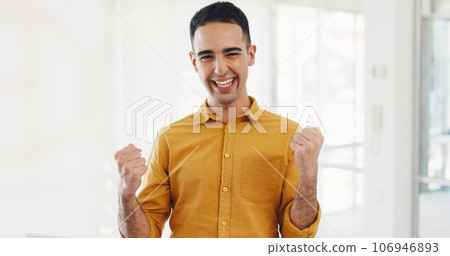 Celebration, winner and portrait of business man in office for bonus promotion, victory and goal. Face, excited professional and fist pump for achievement of success, target and winning lottery prize Celebration, winner and portrait of business man in office for bonus promotion, victory and goal. Face, excited professional and fist pump for achievement of success, target and winning lottery prize 106946893