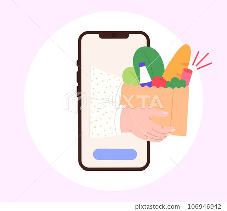 Online delivery food service in smartphone. Technologies, digital store or fresh market. Modern lifestyle, hands holding bag with products, vector concept Online delivery food service in smartphone. Technologies, digital store or fresh market. Modern lifestyle, hands holding bag with products, vector concept 106946942