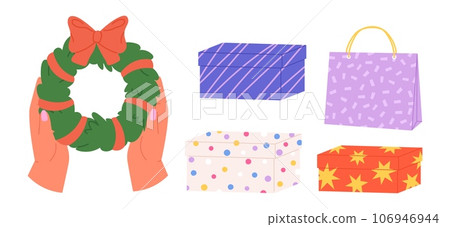 Hands hold christmas wreath with bow. Xmas holidays gifts boxes, present bag. Isolated winter party elements, gift and decoration vector set 106946944