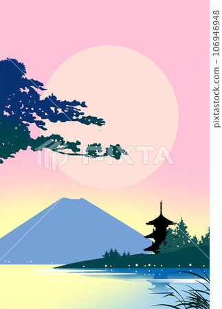 新年賀卡背景素材_寺廟、初升日出、富士山 新年賀卡背景素材_寺廟、初升日出、富士山 106946948