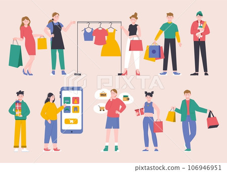 Shopping time. Happy shoppers and customers with bags and boxes. Online store in phone, buyer and seller choose clothes, splendid vector characters 106946951