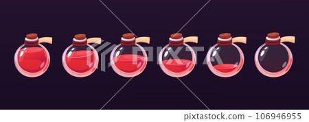 Game elixir bottle. Potion vial, antidote resource animation. Gaming energy or power symbol, life liquid icon. Magic and alchemy nowaday vector element 106946955