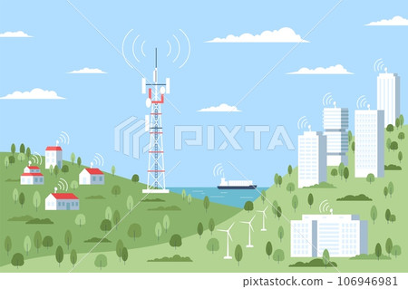 Wireless tower in village valley, traffic internet landscape. It city, antenna construction and cellular satellite network or mobile signal recent vector scene 106946981