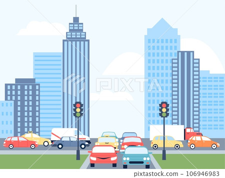 City road traffic jam, town vehicles problems on crossroad. Diverse flat cars on highway. Personal and public transportation, recent vector scene City road traffic jam, town vehicles problems on crossroad. Diverse flat cars on highway. Personal and public transportation, recent vector scene 106946983