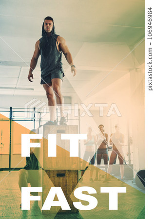 Fitness, workout overlay and gym message with man doing exercise and training with quote. Sport words, athlete and motivation for wellness, health and people with person trainer at cardio club 106946984
