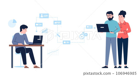 Smm manager strategy concept. Young man planning, couple publication content and looking likes. Digital marketing in social media recent vector scene Smm manager strategy concept. Young man planning, couple publication content and looking likes. Digital marketing in social media recent vector scene 106946985