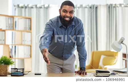 Black man, open handshake or portrait of businessman for welcome, deal or onboarding in office. Hand gesture, CEO or human resources manager with respect, hiring opportunity or partnership agreement 106946991