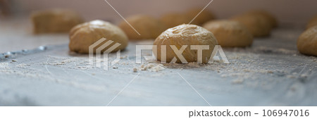 Ball shaped pastry dough for bread or donut resting and rising Ball shaped pastry dough for bread or donut resting and rising 106947016