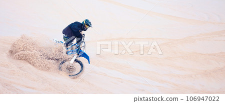 Motorcycle, person and extreme sport in desert for training with fitness, balance or challenge in nature on mock up space. Bike, freedom and adventure for competition and talent with safety gear 106947022