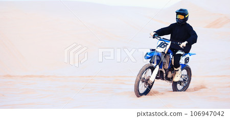 Sand, sports or athlete with motorcycle for action, adventure or fitness with performance for adrenaline. Sunset, desert or person on motorbike on dunes for training, exercise or race or challenge Sand, sports or athlete with motorcycle for action, adventure or fitness with performance for adrenaline. Sunset, desert or person on motorbike on dunes for training, exercise or race or challenge 106947042