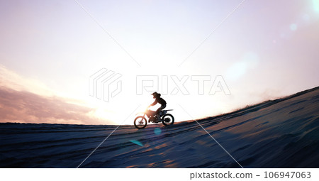 Motorcycle, person and driving for training or sports with fitness, balance or challenge in nature on mock up space and sky. Bike, freedom and adventure for competition, exercise or talent in desert 106947063