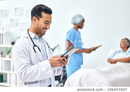Doctor with tablet, chart and woman in bed, nurse with checklist for health insurance, consultation and advice. Hospital, healthcare professional with patient information, online results and smile. 106947087